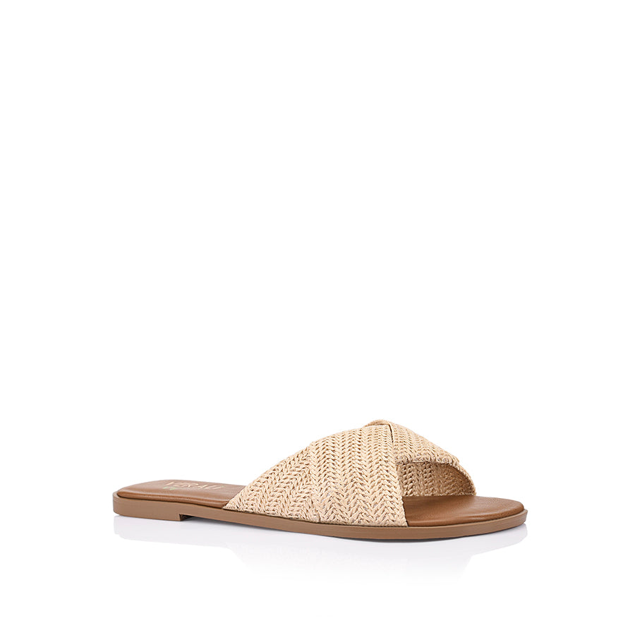 Women's raffia and tan vegan slip on flat slides for summer