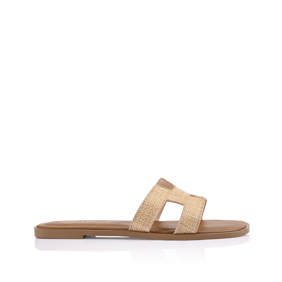 Women's flat slide sandal in tan vegan leather with natural raffia for summer