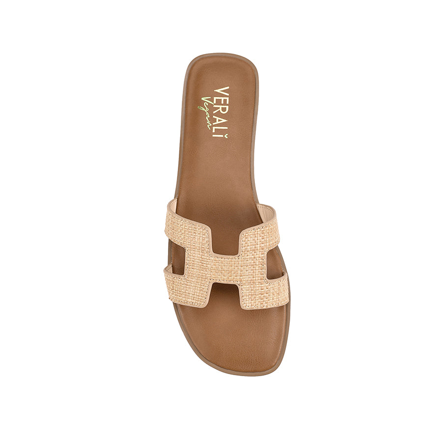 Women's flat slide sandal in tan vegan leather with natural raffia for summer