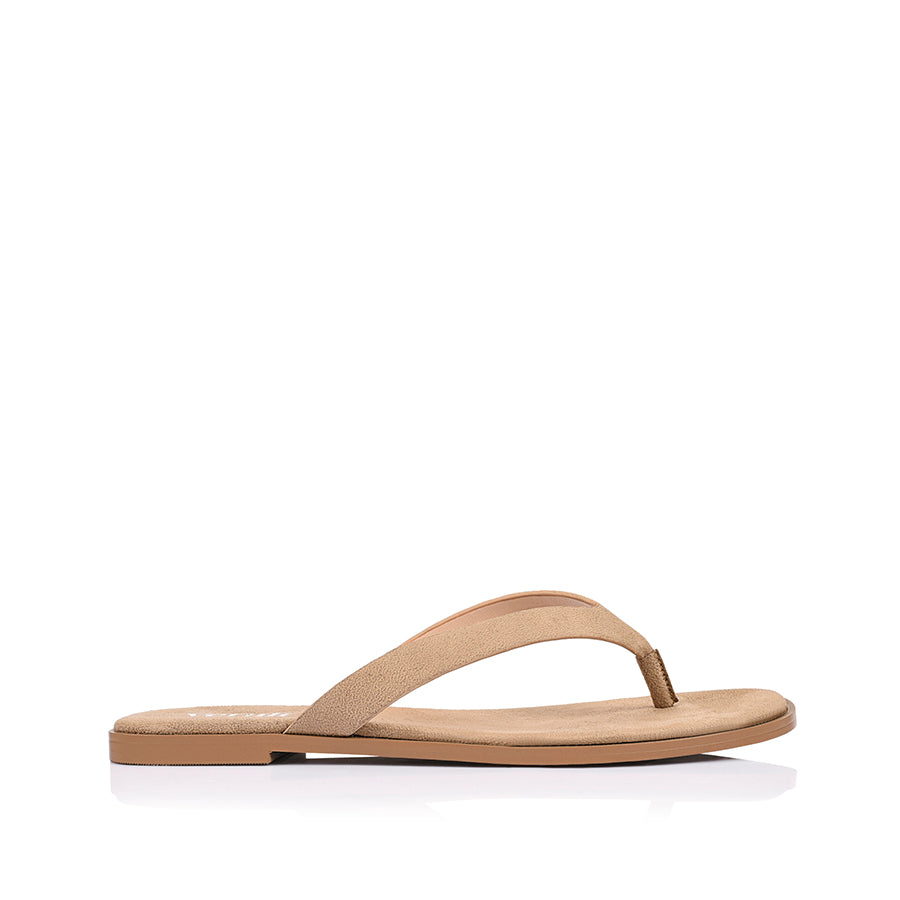 Women's taupe microsuede thongs with square toe