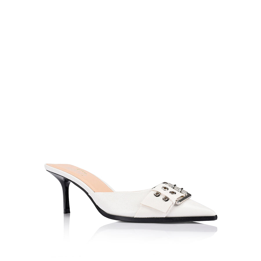 Women's kitten heel point toe mule in white crinkle with buckle detailing