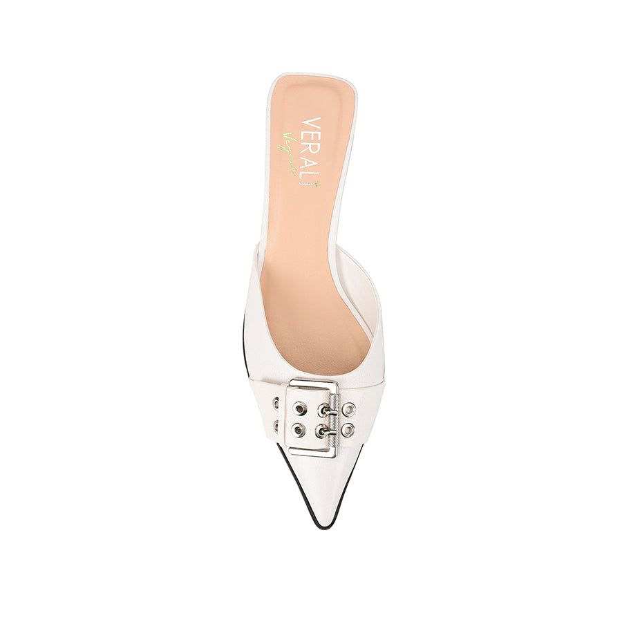 Women's kitten heel point toe mule in white crinkle with buckle detailing