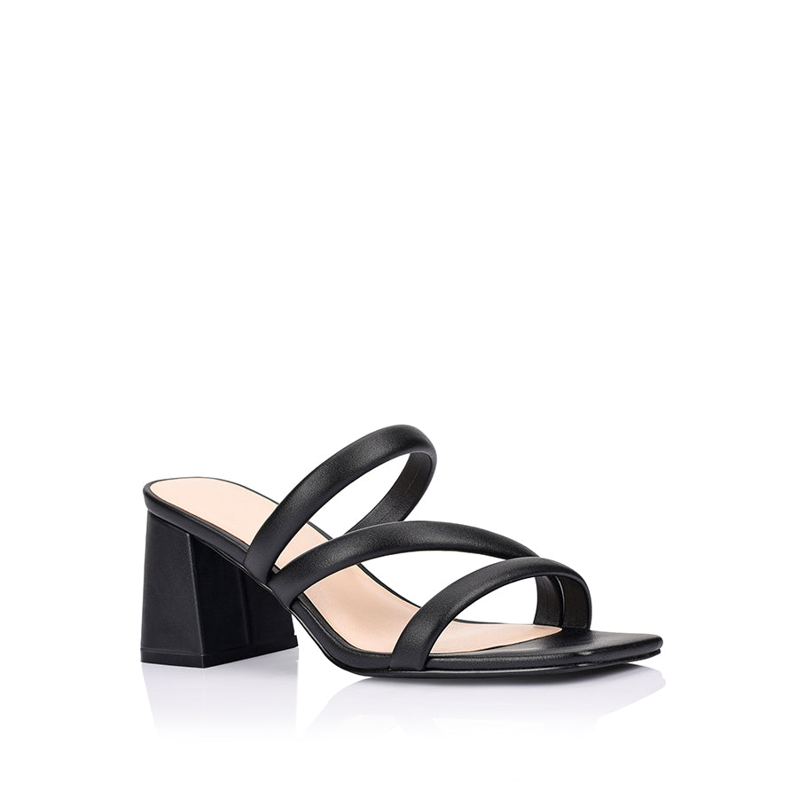Women's black block heel mule with tubular straps