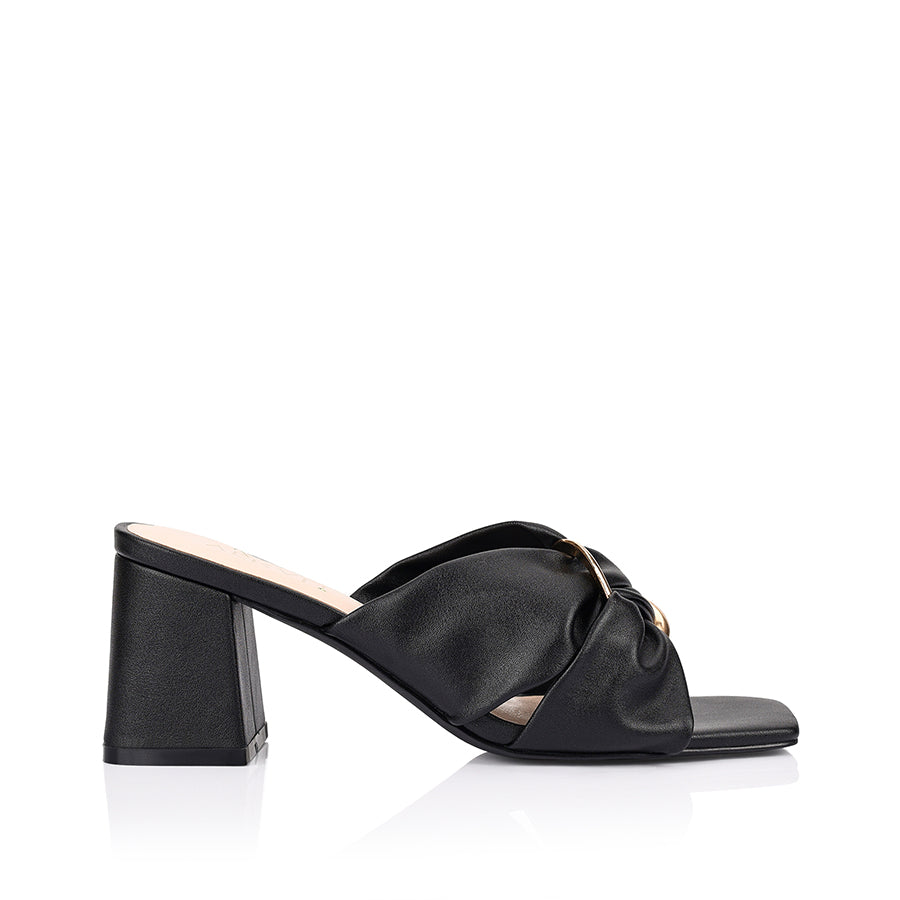 Women's block heel mule with twisted vamp and gold detailing