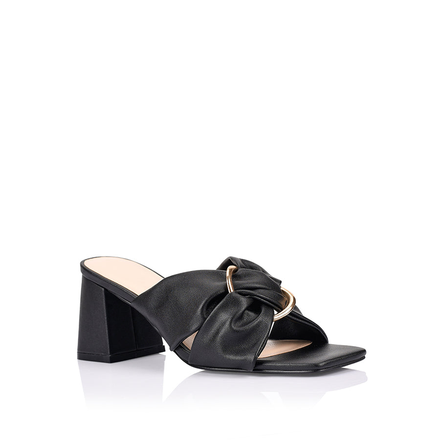 Women's block heel mule with twisted vamp and gold detailing