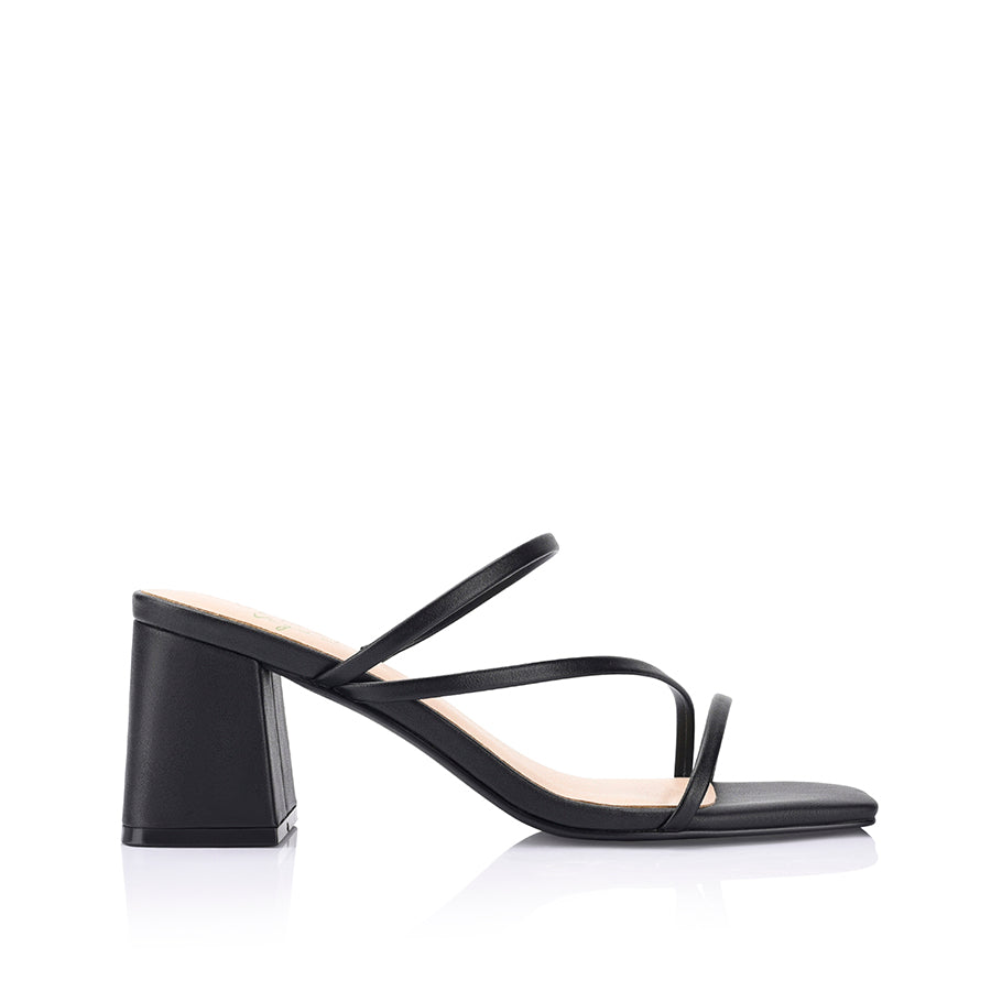 Women's vegan smooth black strappy block heel mule with square toe