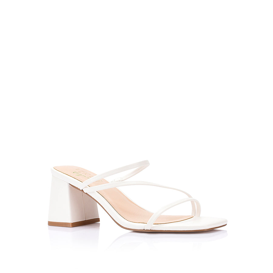 Women's vegan smooth white strappy block heel mule with square toe