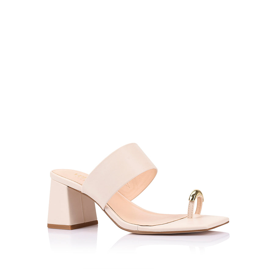 Women's bone white vegan block heel mule with wide strap upper and gold toe ring detail