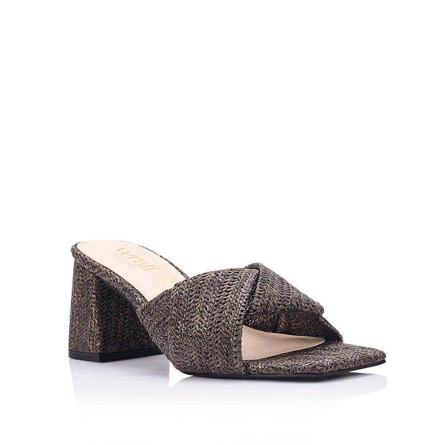 Stella Block Heel Mules - Chocolate Brown Raffia