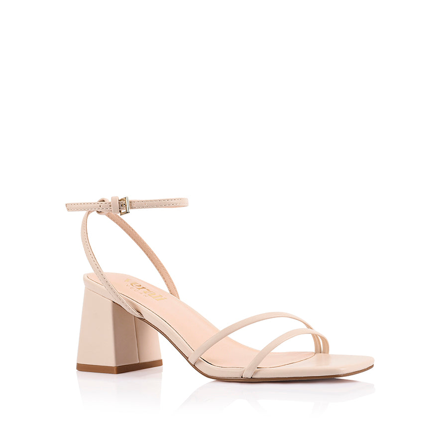 Women's strappy sandal with block heel, thin vamp straps, buckle on ankle strap and square toe in bone vegan material