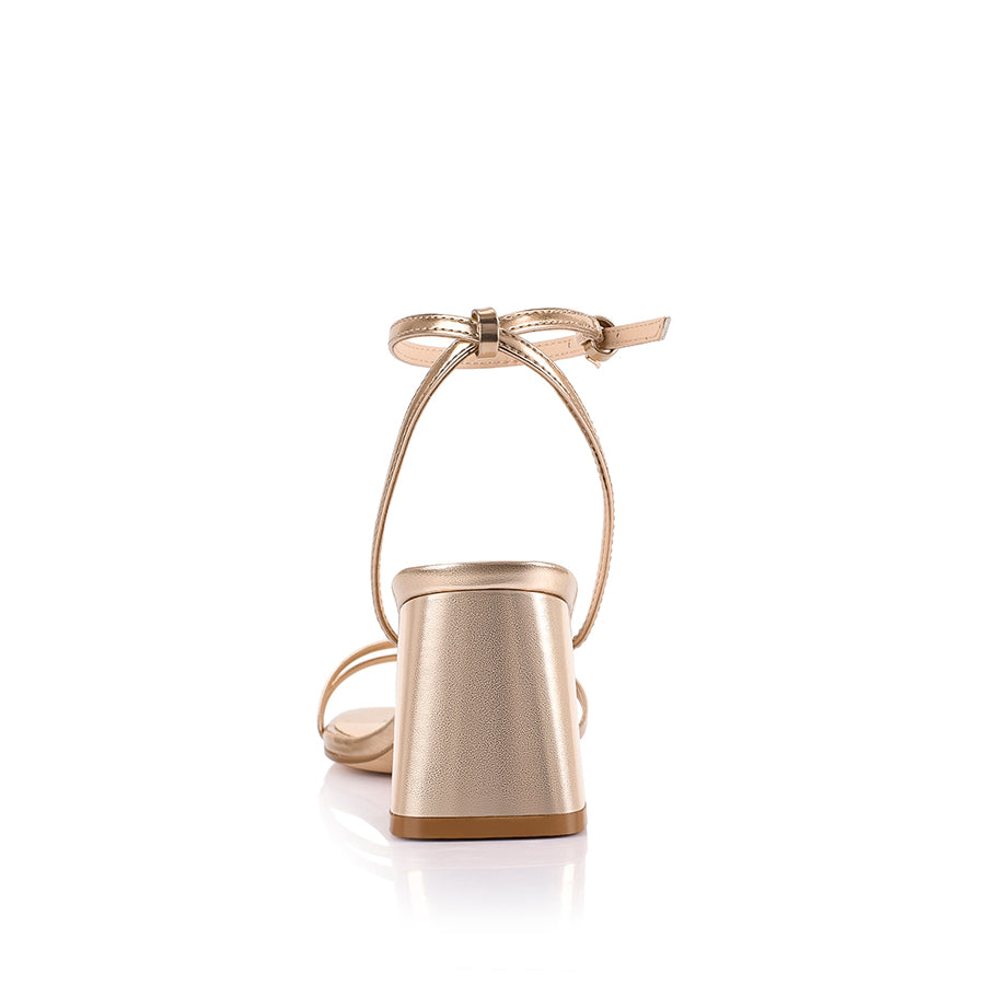 Women's Rose Gold block heel sandal with square toe and buckle fastening