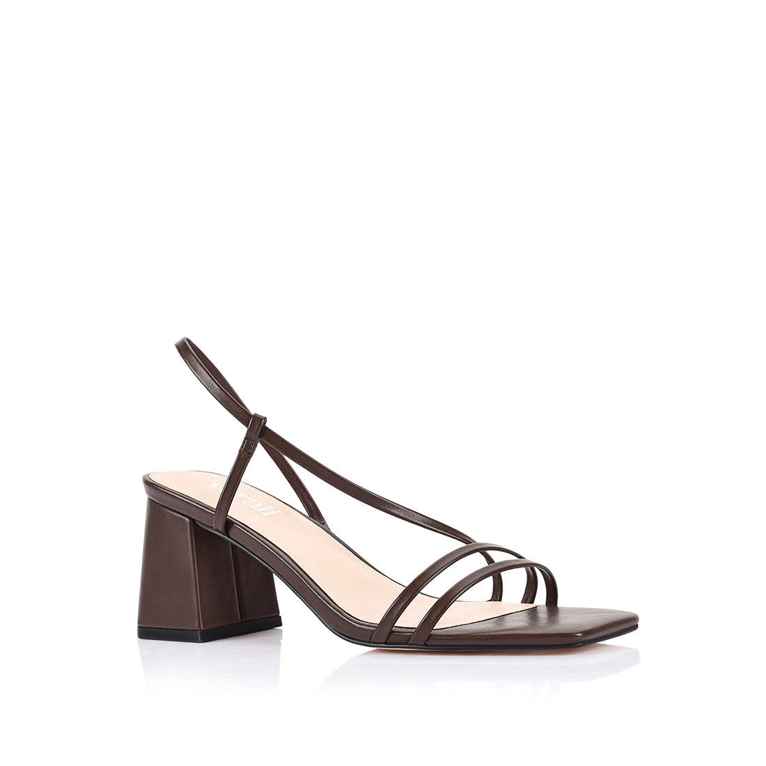 Women's block heel strappy sandal with dainty vamp straps, elastic fastening, square toe finished in chocolate brown