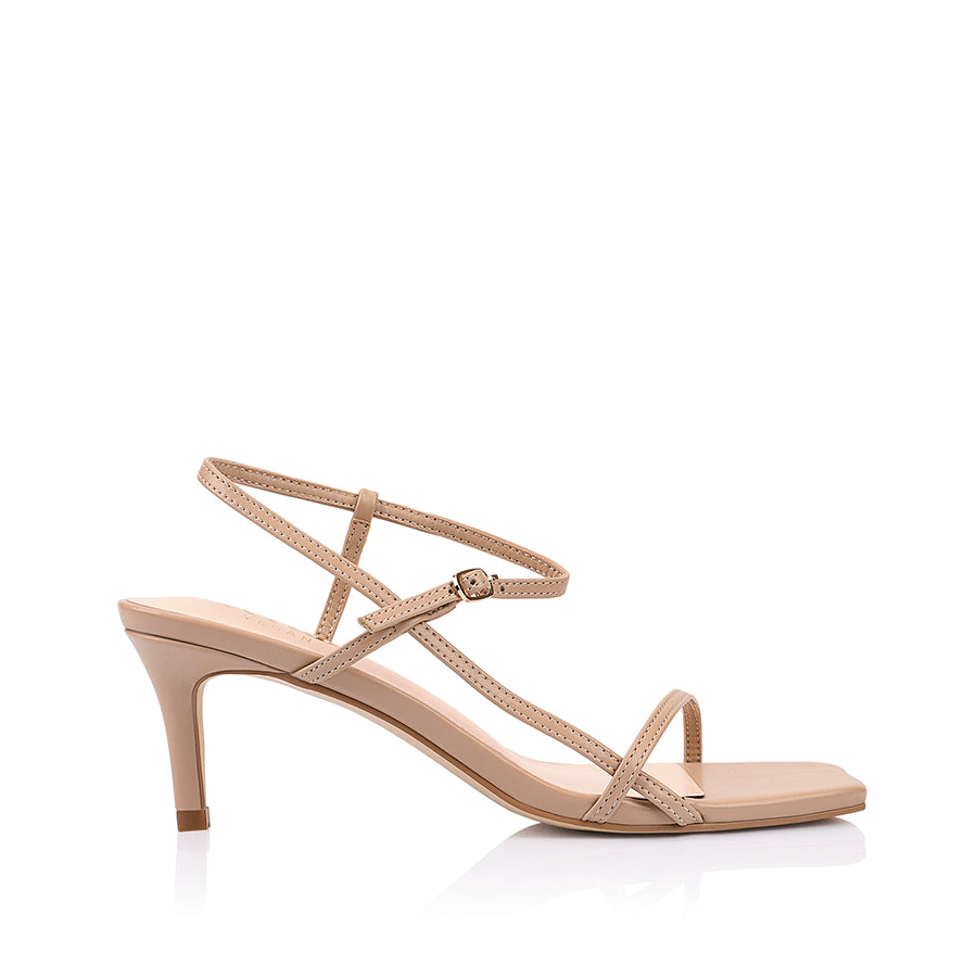 Women's beige strappy stiletto sandal with buckle fastening and square toe in vegan upper