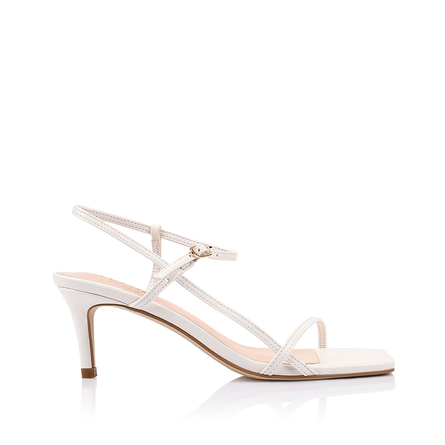 Women's white smooth strappy stiletto sandal with buckle fastening and square toe in vegan upper