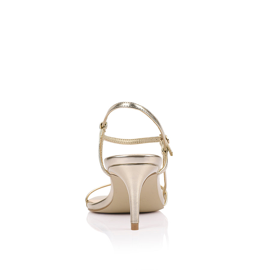 Women's champagne gold strappy stiletto sandal with buckle fastening and square toe in vegan upper
