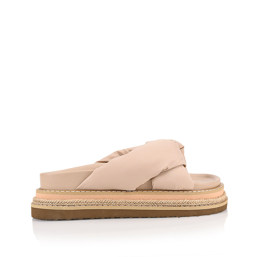 Women's beige puffy platform sandals with contract sole and rope detailing
