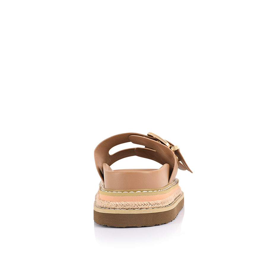 Women's beige tan platform footbed slides with espadrille inspired sole and double buckle detailing