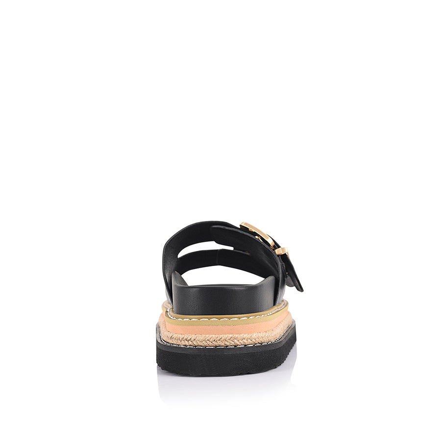 Women's black vegan upper platform footbed slide with espadrille inspired sole and double buckle detailing