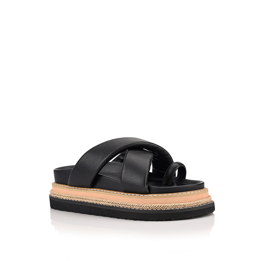 Women's black puffy platform slides with toe ring and contrast sole