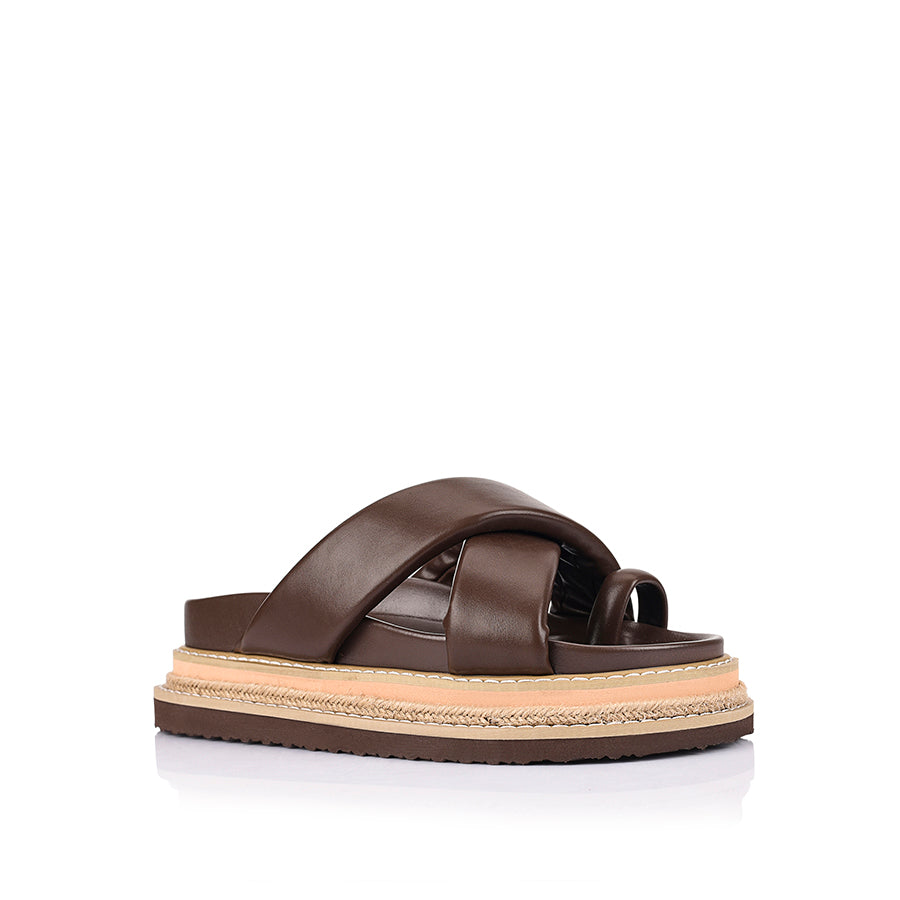 Women's platform sandal with crossover straps and toe ring in chocolate brown