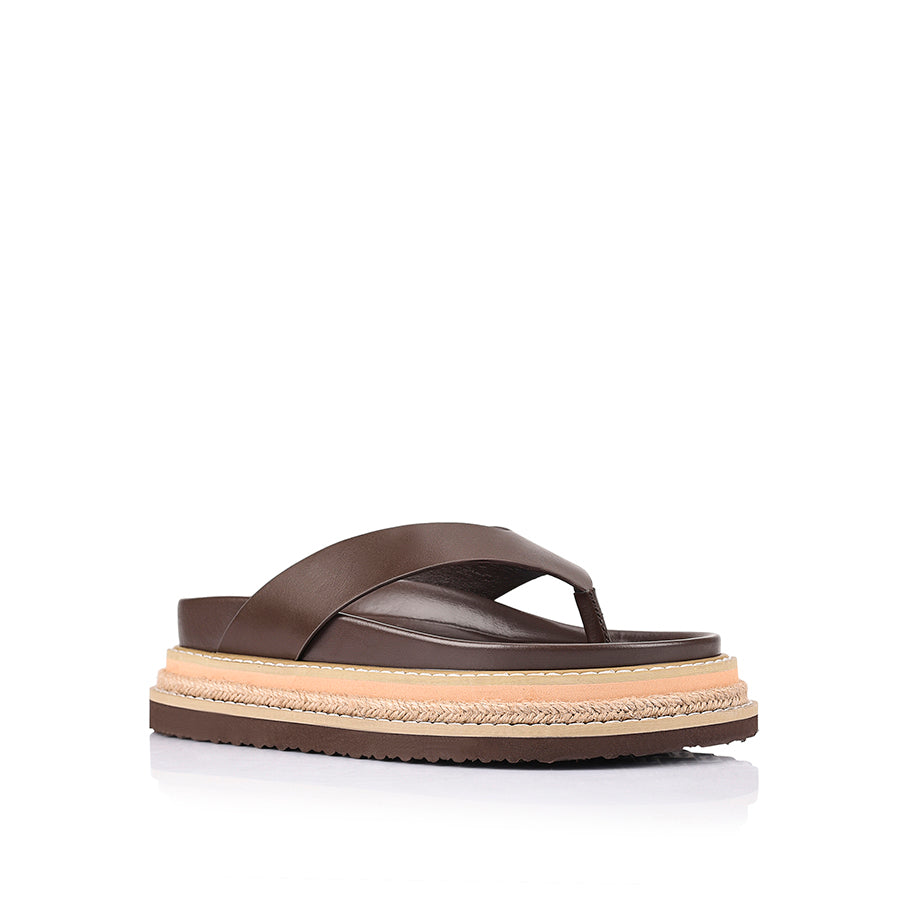 Women's chocolate brown vegan footbed platform thong with contrast rope sole