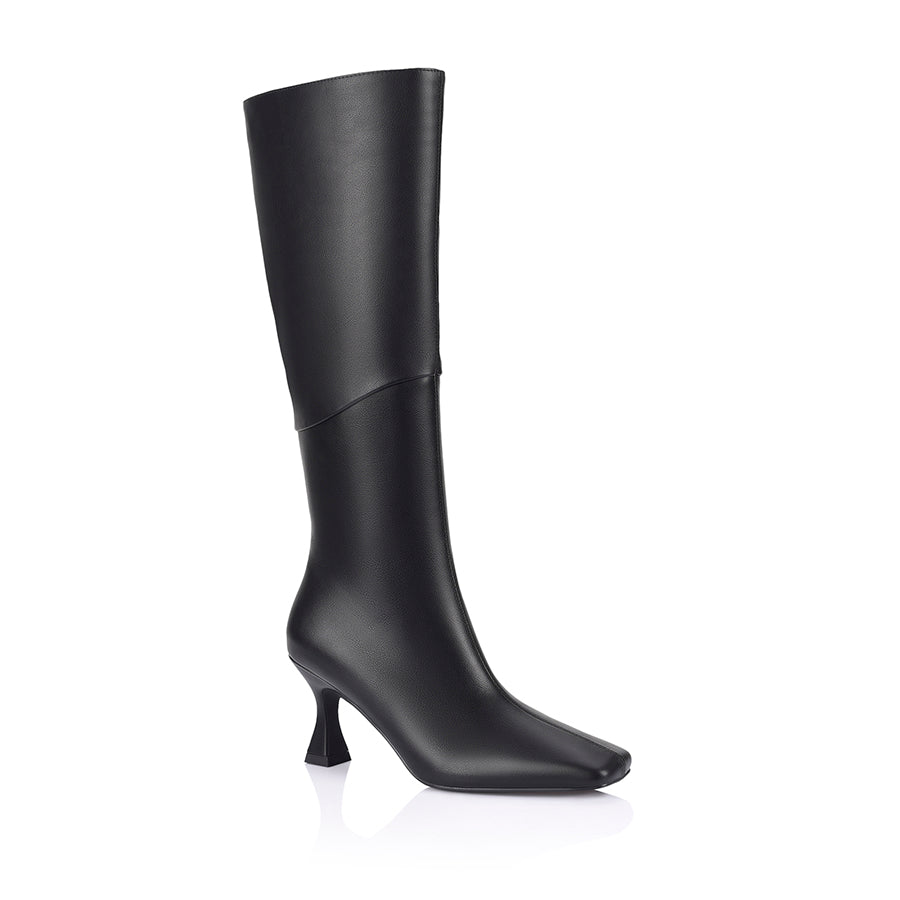 Women's vegan black smooth knee high boot with chiseled toe and flared stiletto heel