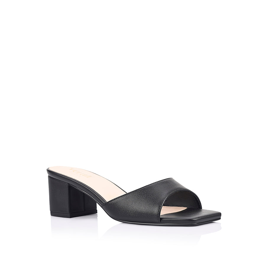 Black block heel mule with a square toe shape