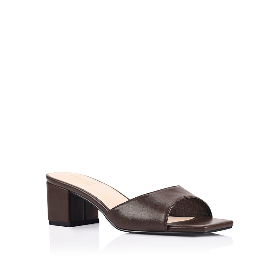 Chocolate block heel mule with a square toe shape