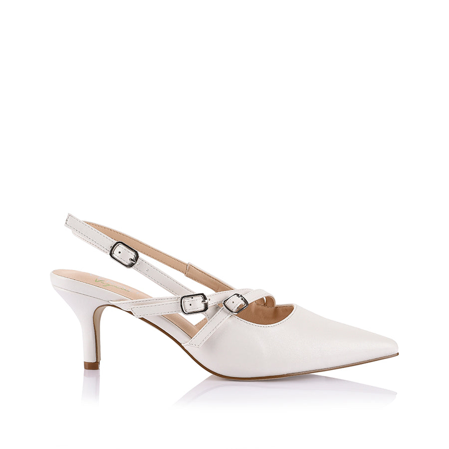 Women's white slingback pumps with buckle detailing