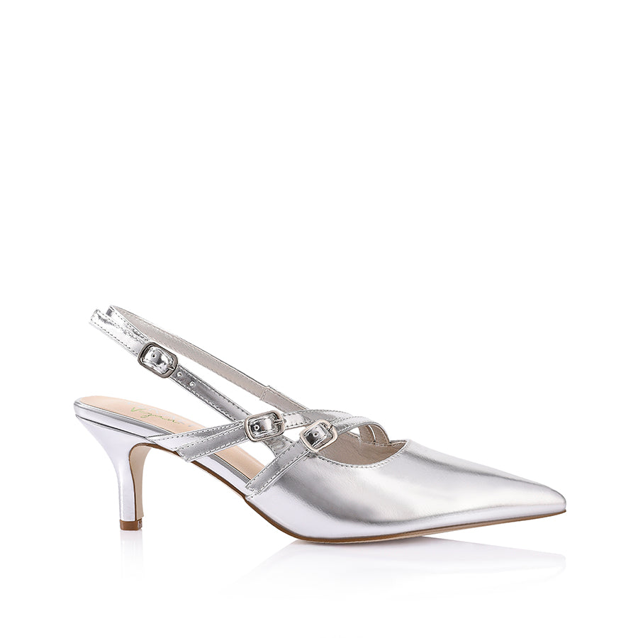 Women's silver metallic kitten slingback heel