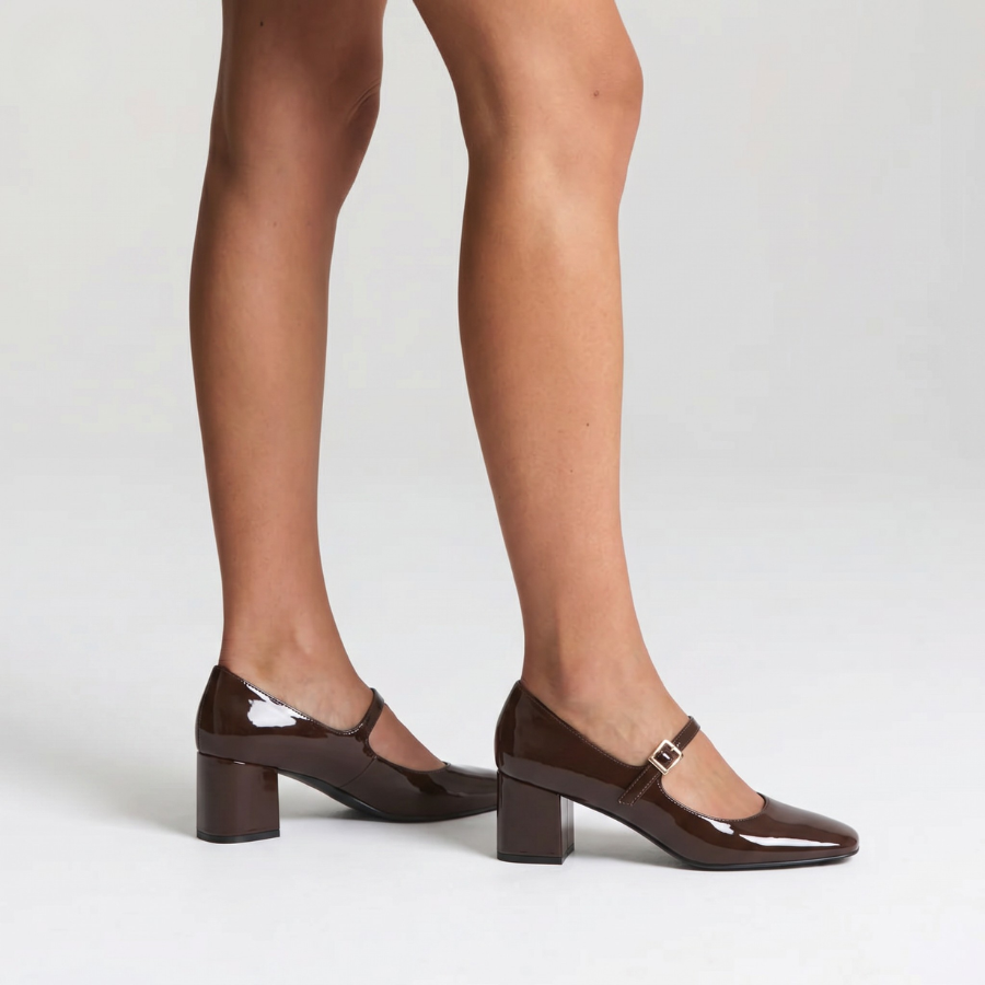Riley Mary-Jane Block Heels - Chocolate Brown Patent