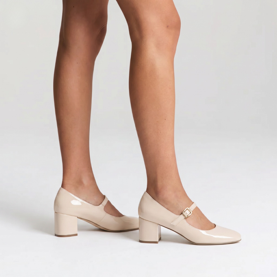 Riley Mary-Jane Block Heels - Bone White Patent