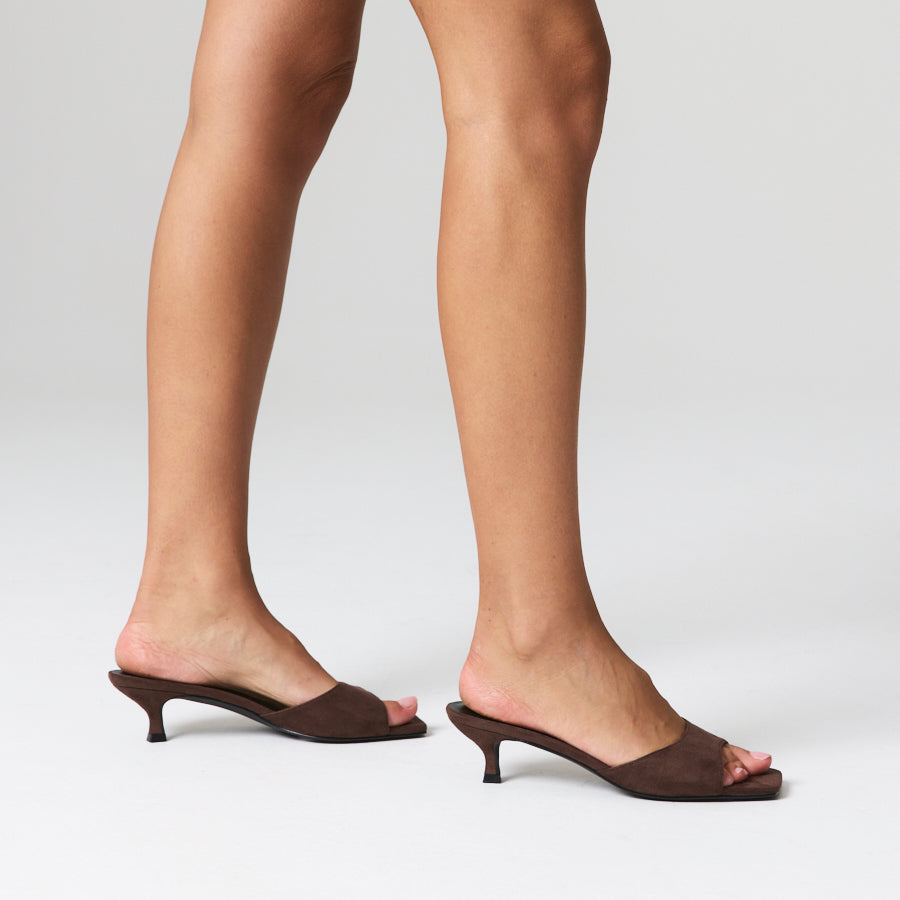 Alyssa Kitten Heel Mules - Chocolate Brown Micro
