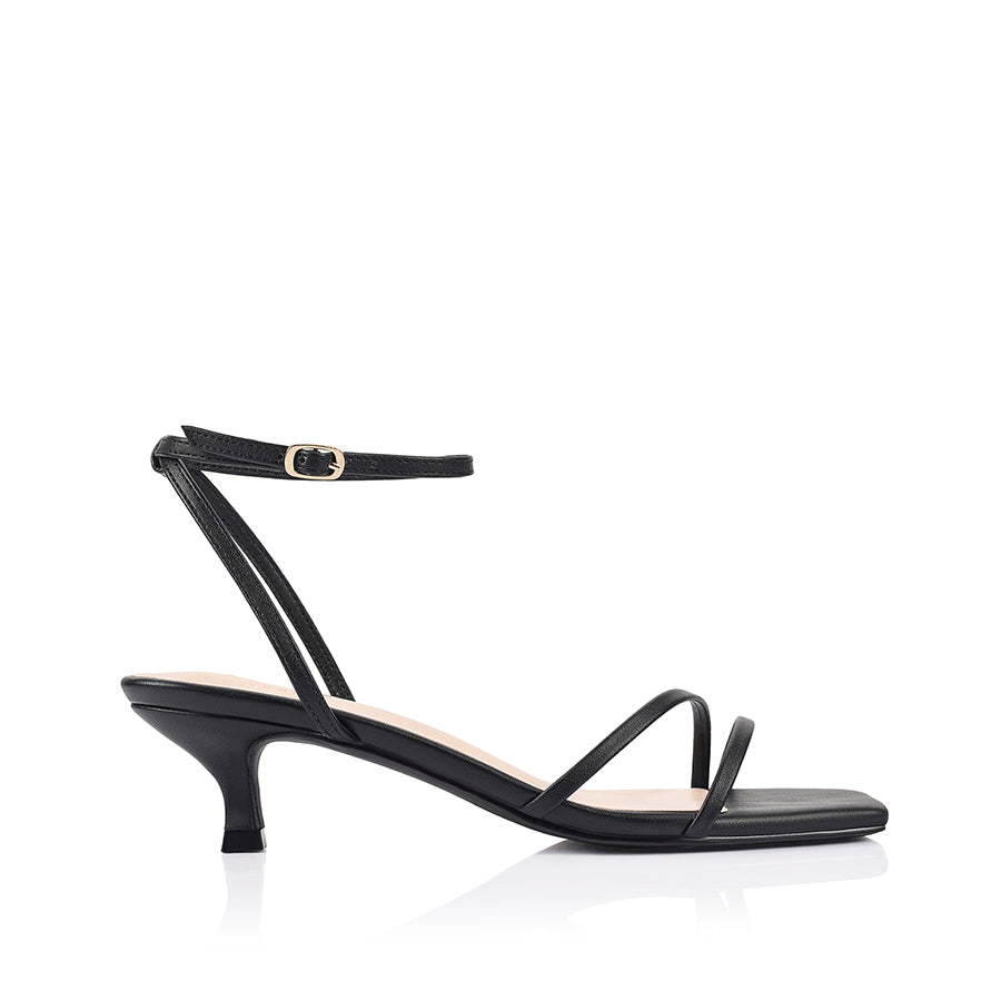 Black square toe sandal with a kitten heel and an adjustable strap