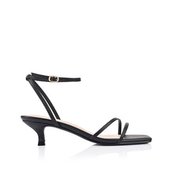 Black square toe sandal with a kitten heel and an adjustable strap