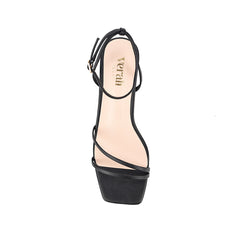 Black square toe sandal with a kitten heel and an adjustable strap