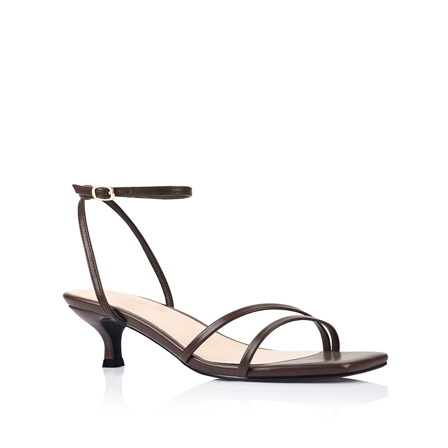 Brown square toe sandal with a kitten heel and an adjustable strap