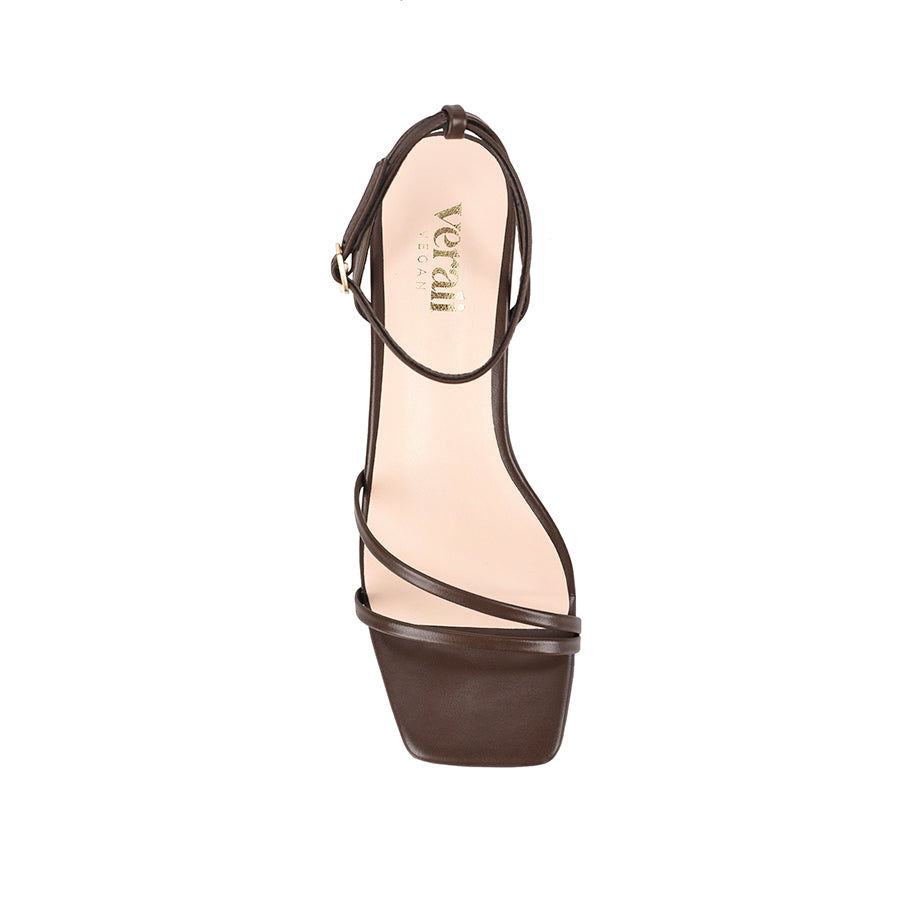 Brown square toe sandal with a kitten heel and an adjustable strap