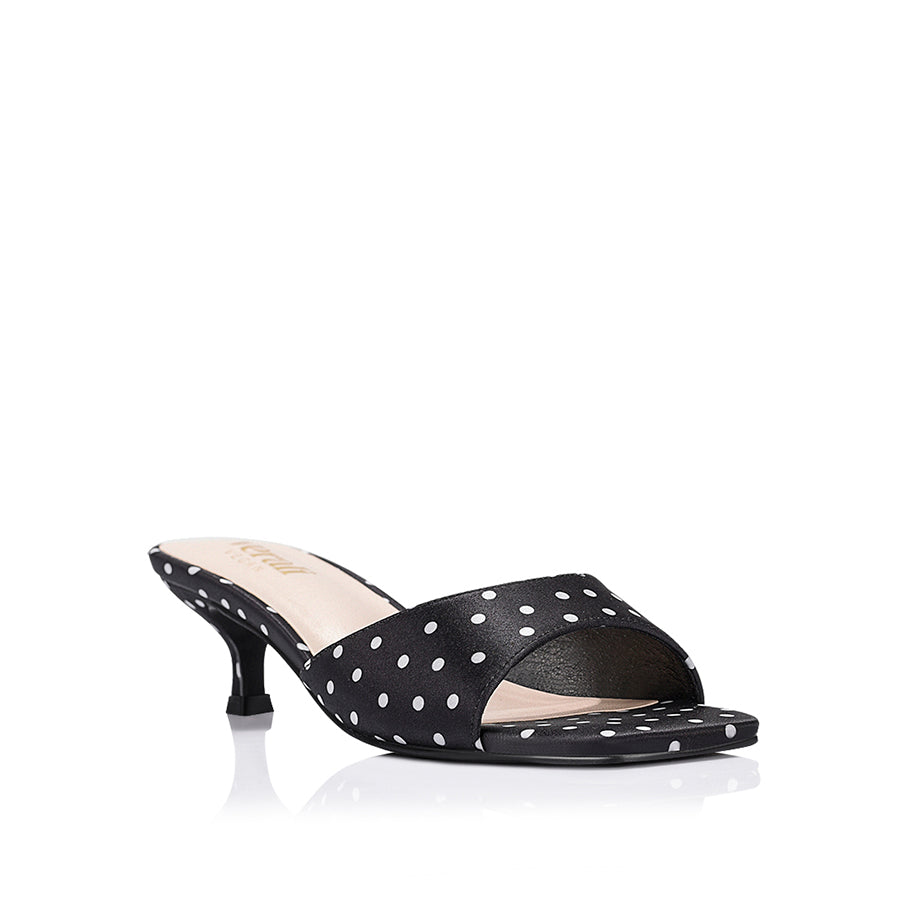 Alyssa Kitten Heel Mules - Black Polka Dot Satin