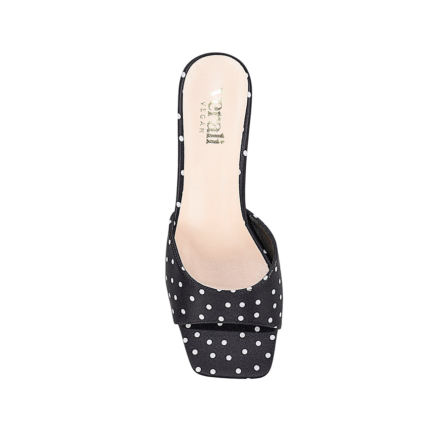 Alyssa Kitten Heel Mules - Black Polka Dot Satin