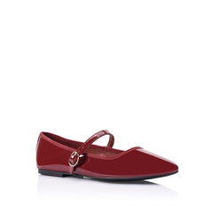 Women's red wine vegan patent ballet flat with round toe and mary jane strap