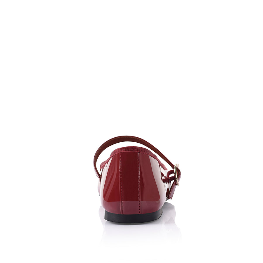 Women's red wine vegan patent ballet flat with round toe and mary jane strap