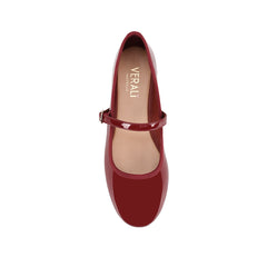 Women's red wine vegan patent ballet flat with round toe and mary jane strap