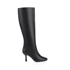 Women's Black Smooth Vegan Pointed Toe Tall Heeled Boots
