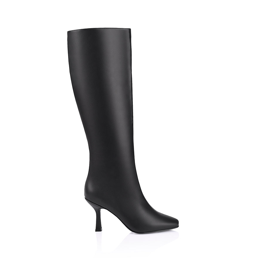 Women's Black Smooth Vegan Pointed Toe Tall Heeled Boots