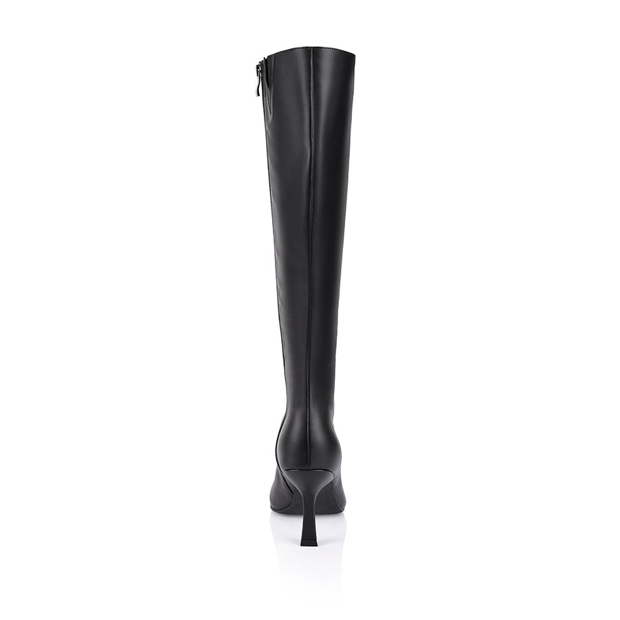 Women's Black Smooth Vegan Pointed Toe Tall Heeled Boots
