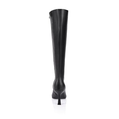 Women's Black Smooth Vegan Pointed Toe Tall Heeled Boots