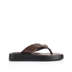 Women's black and chocolate brown platform thong with gold heart embellishment 