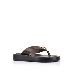 Women's black and chocolate brown platform thong with gold heart embellishment 