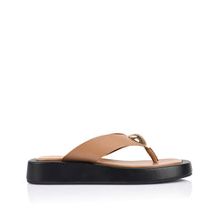 Women's black and dark camel brown platform thong with gold heart embellishment 